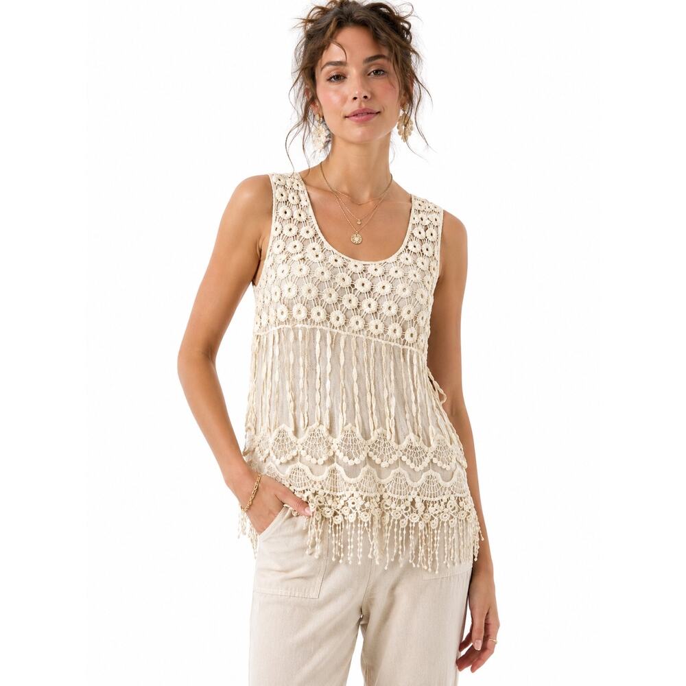 Crystal K Boho Crochet Lace Fringe Tank Cream Textured Romantic Top S/M Festival